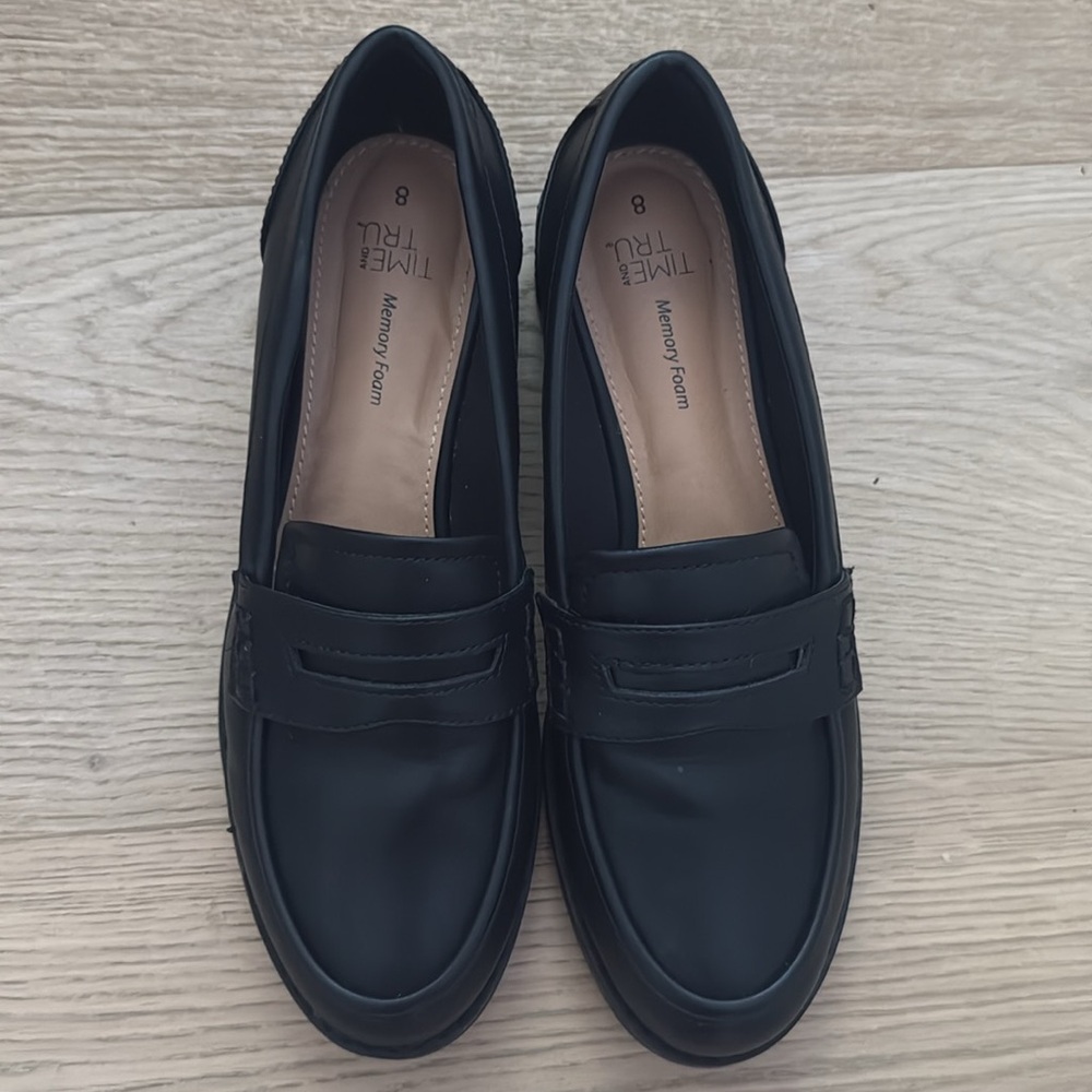 Time And Tru Y2K Black Leather Penny Loafers Shoes Women Size 8 Lug Sole 90s
